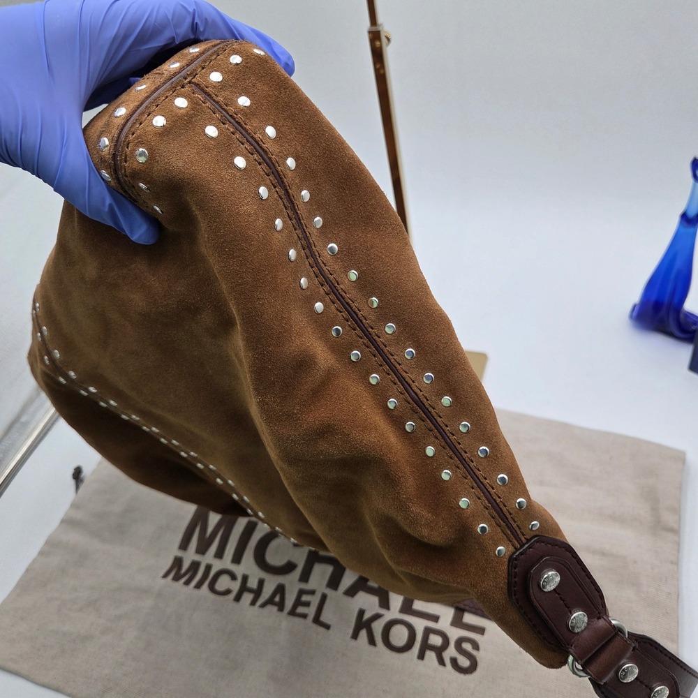 Michael Kors Large Slouchy Suede Hobo Bag Brown Studded Leather Y2K Dust Bag - Picture 6 of 11